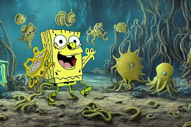 Prompt: Spongebob Cthulhu chimera, photorealistic still from Alien Planet