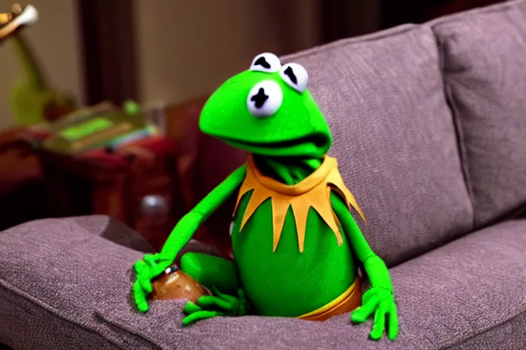 Image similar to candid photo of kermit the frog sitting on the couch hitting a bong, kermit the frog in ted ( 2 0 1 2 ) bong scene, kermit the frog using a bong, kermit smoking weed, bong rip, high resolution photo, trending on artstation, interior design,