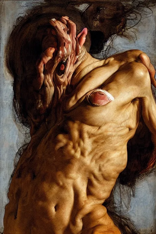 Image similar to a woman enraged, part by Jenny Saville, part by Leonardo da Vinci