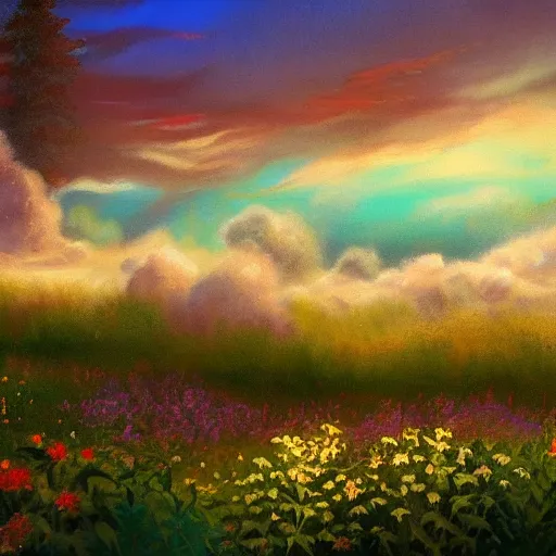 Prompt: A painting of spirits over the horizon by Bob Ross, 8K concept art, dreamy, garden, bushes, flowers, golden hour, vintage camera, detailed, award winning photography, cinematic lighting