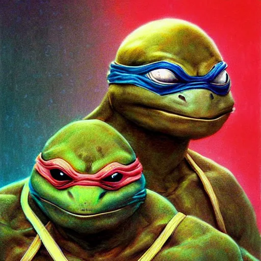 Prompt: ninja turtles by beksinski and tristan eaton, dark neon trimmed beautiful dystopian digital art