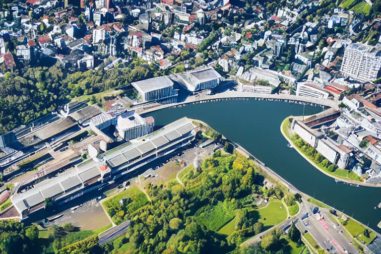 Image similar to bird's eye view photography of a small city. town hall, central farm, monorail station, beach and shipping dock. hills, woods and lake to the north.