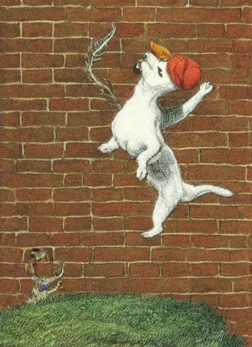 Image similar to jack russel terrier jumping from the ground over a brick wall, illustrated by peggy fortnum and beatrix potter and sir john tenniel