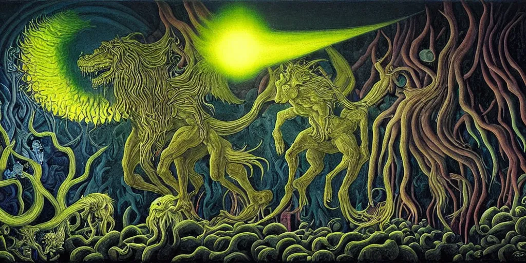 Prompt: mythical creatures and monsters in the imaginal realm of the collective unconscious, dramatic lighting glow from giant fire, in a dark surreal painting by johfra, mc escher and ronny khalil