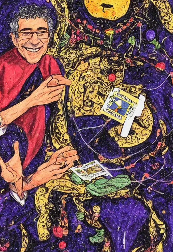 Image similar to Yoshua Bengio smiling on the Tarot card. Illustration.