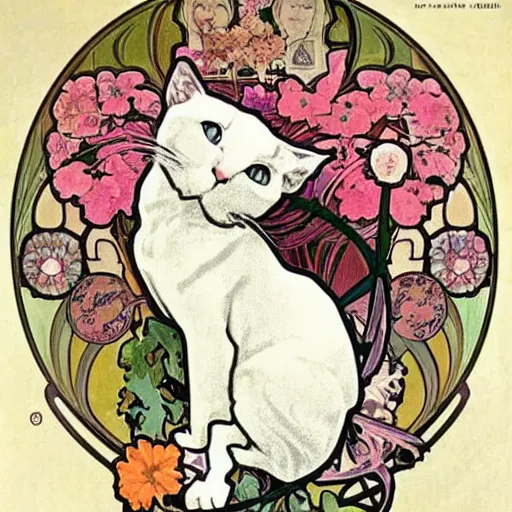 Prompt: bust of white short haired cat, surrounded by flowers, Alphonse mucha, art nouveau, poster art, beautiful art nouveau advertisement