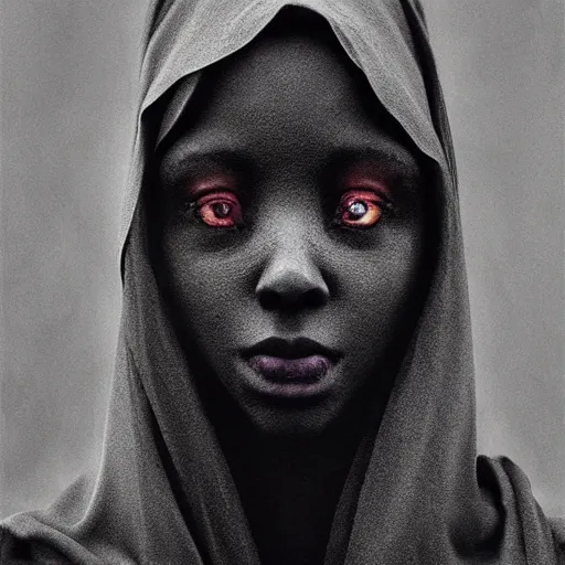 Image similar to a portrait of a young black woman wearing a long dark cloak, hood and shadows covering face, anatomically correct, beautiful perfect face, enigmatic, oil painting, matte painting, black background, Volumetric dynamic lighting, Highly Detailed, Cinematic Lighting, Unreal Engine, 8k, HD, by Beksinski