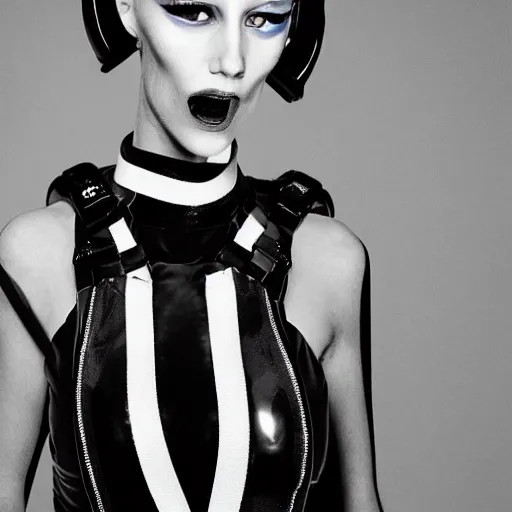 Image similar to fashion photography of an extraterrestrial model with the mouth open, wearing demobaza fashion, inside berghain, berlin fashion, harness, futuristic fashion, dark minimal outfit, photo 3 5 mm leica, hyperdetail, berghain, 8 k, very detailed, photo by nick knight