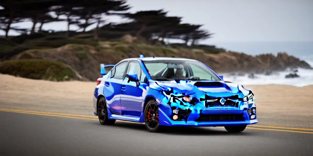 Image similar to photograph, 2015 Subaru WRX STi, cinematic, PCH, california coast, ocean view, 8k, depth of field, bokeh.