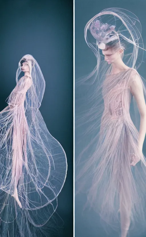 Image similar to Fashion photography of a woman wearing a dress inspired by a jellyfish, artistic photography, insanely detailed, chiaroscuro, cinestill 800t, Vogue magazine
