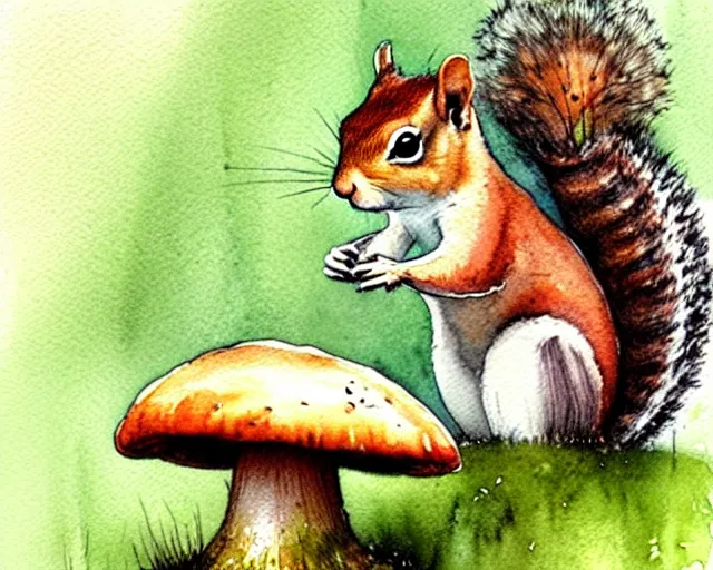 Image similar to a cute little squirrel standing under a huge mushroom, hiding from the rain, watercolor painting by jean - baptiste monge, muted colors