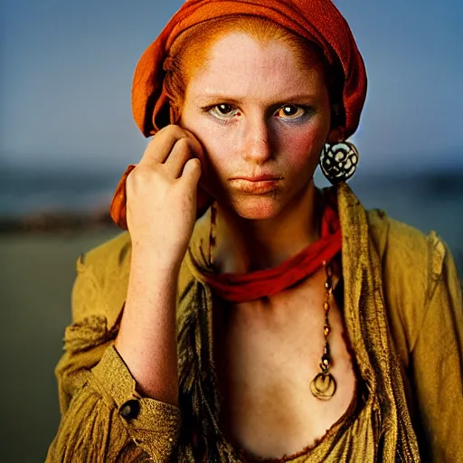 Prompt: Beautiful 18th Century Barbary Coast pirate female models with Ginger hair and Golden hooped earrings photography by Steve McCurry