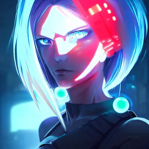 Prompt: digital cyberpunk anime character concept art, gorgeous anime girl symmetrical face, small female android cyborg - angel, glowing red left eye and glowing blue right eye, fullbody!! wlop, rossdraws sakimimichan, ilya kuvshinov, krenz cushart, greg rutkowski.