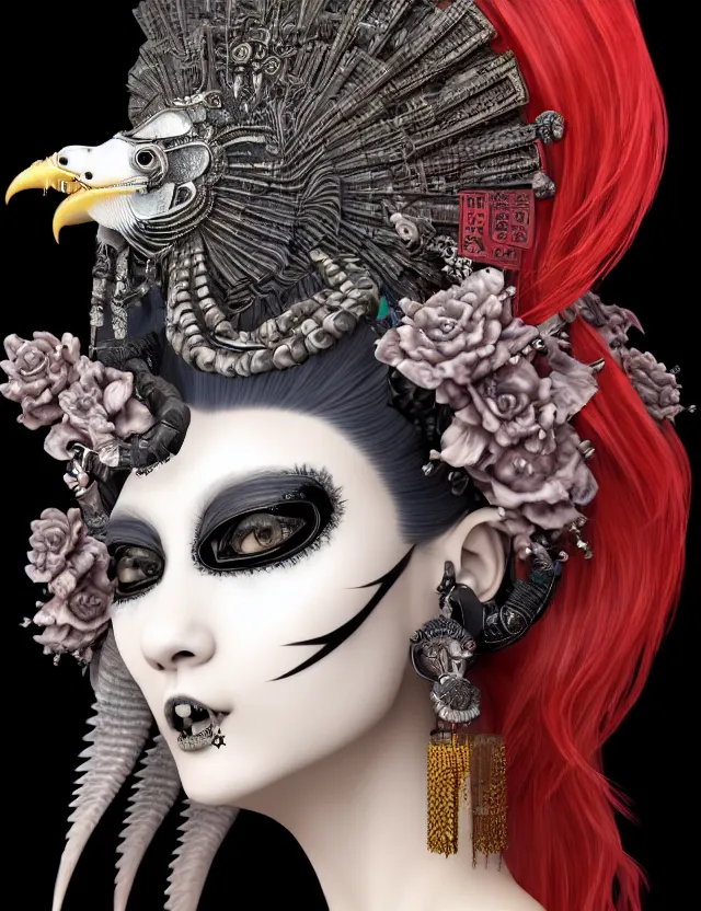 Image similar to 3 d goddess close - up profile portrait punk with mohawk in victorian style with ram skull. beautiful intricately detailed japanese crow kitsune mask and clasical japanese kimono. betta fish, jellyfish phoenix, bio luminescent, plasma, ice, water, wind, creature, artwork by tooth wu and wlop and beeple and greg rutkowski