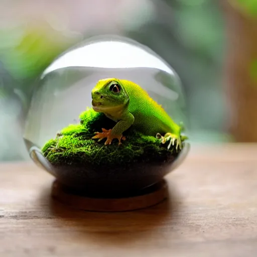 Prompt: moss on the table and gecko sitting inside a terrarium, moss on the background