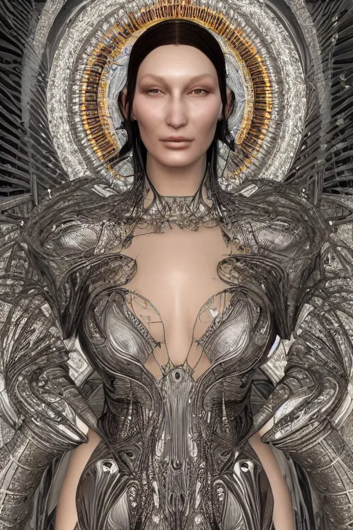 Image similar to a highly detailed portrait of a beautiful ancient alien techno woman goddess bella hadid in iris van herpen dress in diamonds and fractals in style of alphonse mucha art nuvo dmt trending on artstation made in unreal engine 4