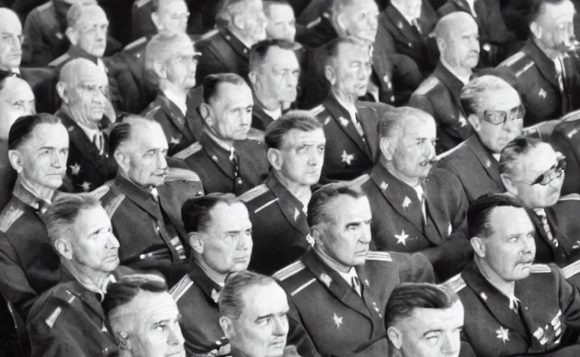 Image similar to 50s movie still of very diverse soviet generals head with very detailed faces in a stalinist parlement, by Alexei Guerman, Cinestill 800t 35mm black and white, heavy grainy picture, very detailed, high quality, 4k, HD criterion, precise texture, diversity of faces