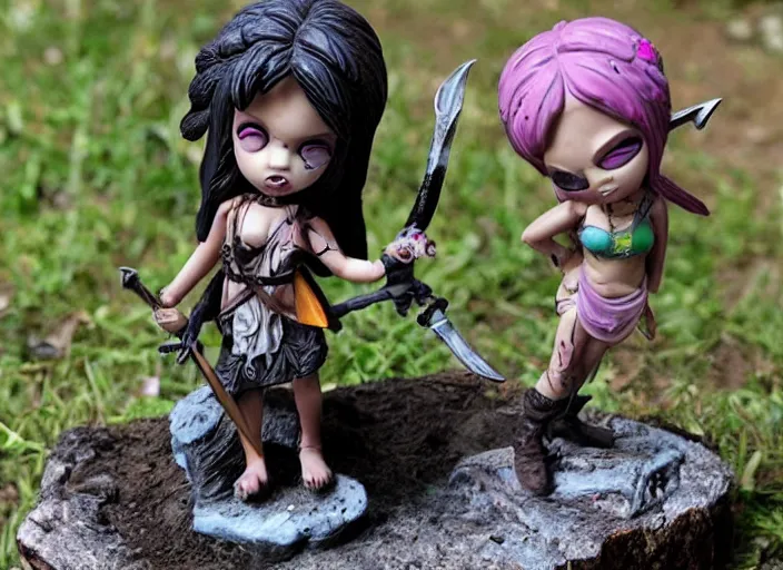 Image similar to an ominous femo figurine of a cute funny spear wielding fairy survivalist with bandages wearing a dirty floral torn dress featured on left 4 dead by studio ghibly and gamesworkshop, carrying survival gear in a large backpack, dark and moody atmosphere, hiding from zombies, 🎀 🗡 🧚