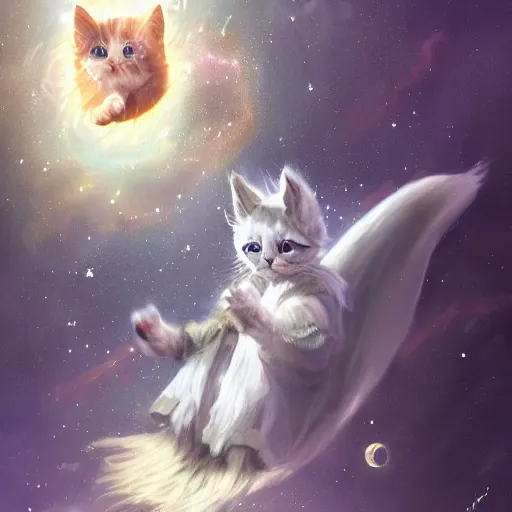 Image similar to a single cartoonish kitten dressed as Gandalf floating in space, bright stars, anime, a fantasy digital painting by Greg Rutkowski and James Gurney, trending on Artstation, highly detailed