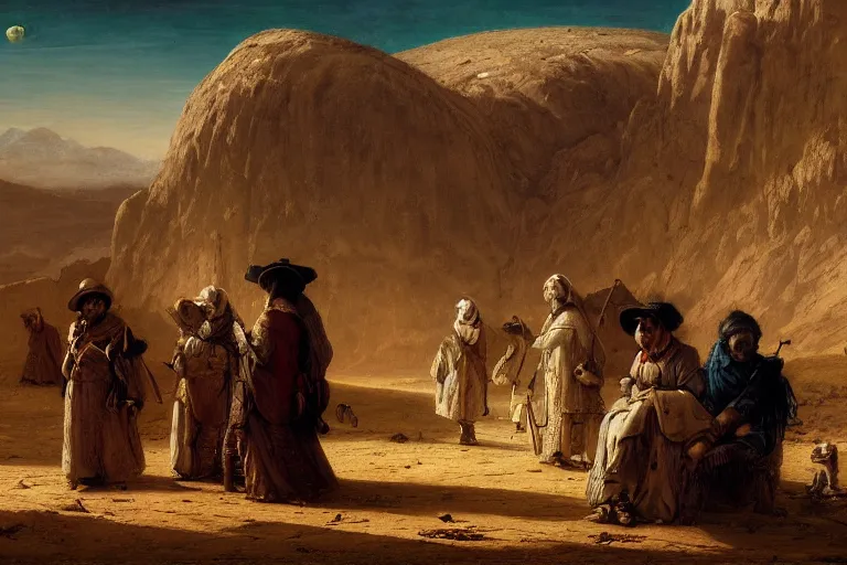 Prompt: pilgrims on the desert, portrait faces, moon on the horizon, the most extreme loneliness and an enormous silence all around, in the style of samuel prout, highly detailed, elegant, intrincate, colorful, vivid, realist style, hyperdetailed, 4 k resolution, matte painting