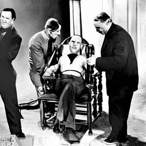 Image similar to the 3 stooges playing with an electric chair