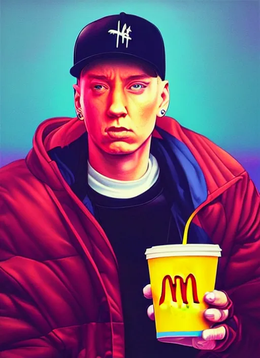 Image similar to eminem at mcdonalds, tristan eaton, victo ngai, artgerm, rhads, ross draws