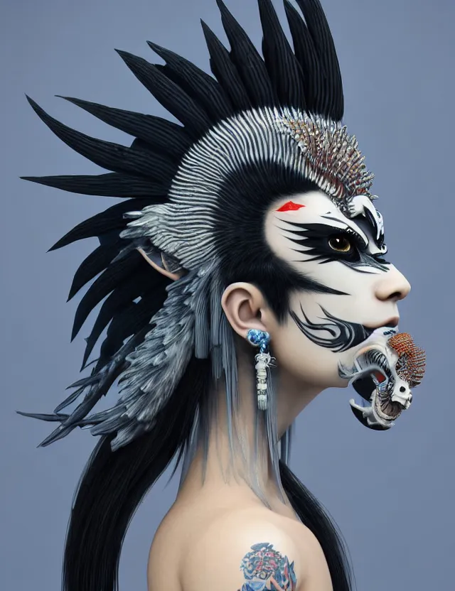 Image similar to 3 d goddess close - up profile simple portrait punk with mohawk with ram skull. beautiful intricately detailed japanese crow kitsune mask and clasical japanese kimono. betta fish, jellyfish phoenix, bio luminescent, plasma, ice, water, wind, creature, artwork by tooth wu and wlop and beeple and greg rutkowski