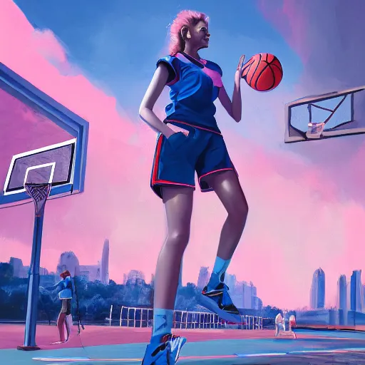 Image similar to tall woman wearing a blue jacket and pink shorts playing basketball, complete detailed body, city in background, moody atmosphere, digital art, highly detailed, high contrast, beautiful lighting, award winning, trending on art station, photorealistic, 8 k,