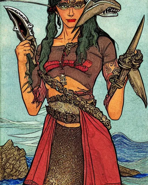 Prompt: a shark pirate queen with iridescent skin color, holding melee weapons by ivan bilibin