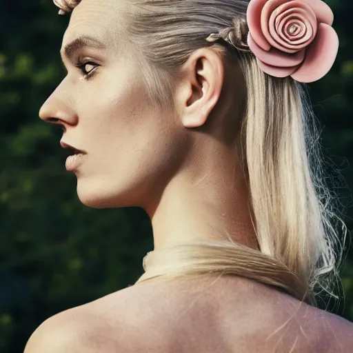 Prompt: vintage photograph of an olive skinned blonde female model in her twenties, her hair pinned up with a pink flower, wearing a designer top, looking content, focused on her neck, photo realistic, extreme detail skin, natural beauty, no filter, slr, golden hour, 8 k, high definition, selfie