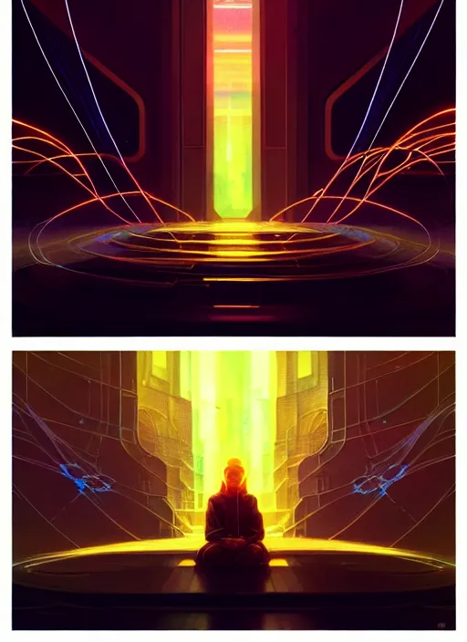 Prompt: high depth, collective civilization lightspeed, calm, healing, resting, life, glowing lights!!, published concept art, mixed medias, image overlays, sharp focus, thin glowing wires, winning illustration, art by greg rutkowski and alphonse mucha, singularity!!!, 3 6 0 projection