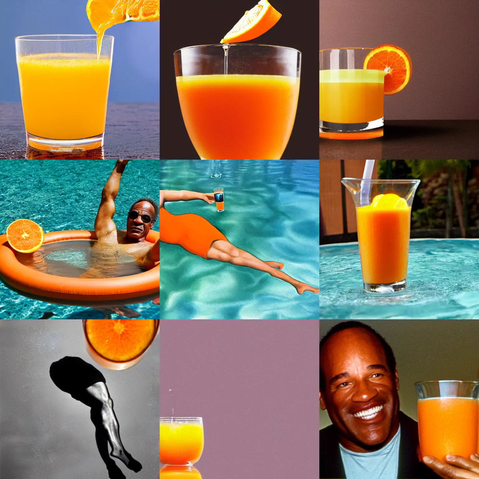 Prompt: ( shrunk down o j simpson ) floating in floating in [ a glass of orange juice ]