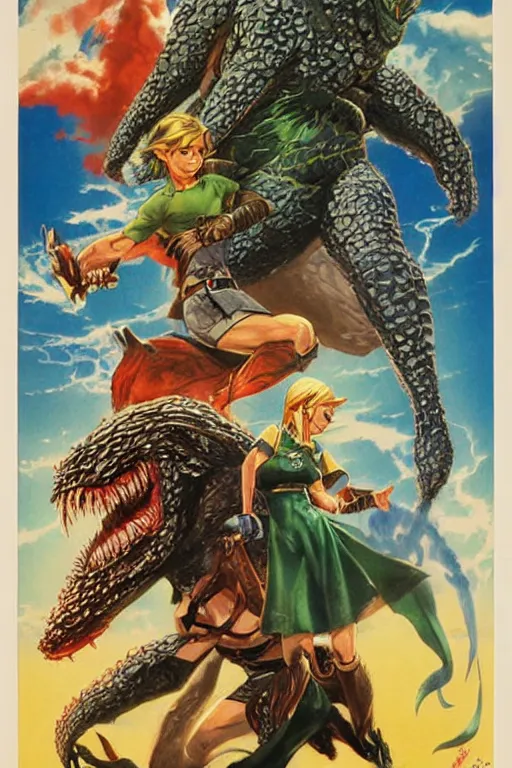 Prompt: Movie poster for of link versus zelda kaiju , by Noriyoshi Ohrai