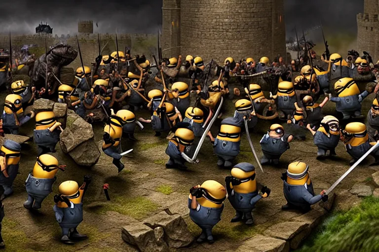 Image similar to diorama of minions fighting orcs in the battle of helm's deep, giant castle walls, realistic, 4 k, detailed, atmospheric, cinematic lighting