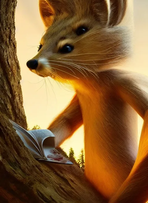 Prompt: A beautiful scene from a 2022 fantasy film featuring a humanoid pine marten in loose clothing reading on a couch. An anthropomorphic pine marten wearing a white shirt. Golden hour.