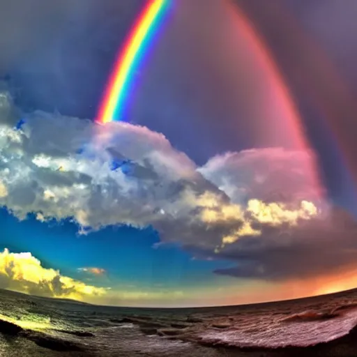 Prompt: Wide-angle shot of an epic sky battle between teams of dragons breathing rainbow fire at one another, over a weltering sea of magic.