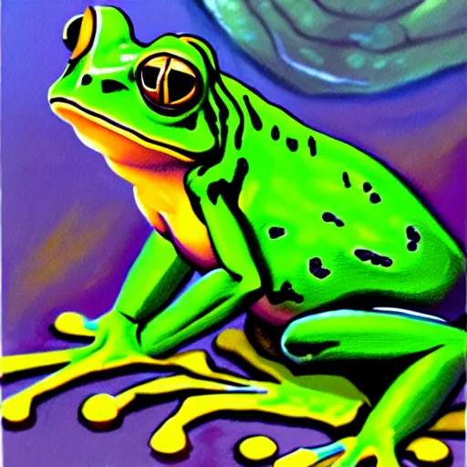 Image similar to oil painting of a frog warrior, in the style of 9 0 s dungeons & dragons and magic the gathering, character art card, highly readable