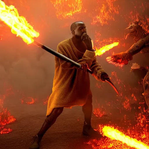 Image similar to kanye west fighting against demons with his golden sword in hell , 8k, hyper realistic, insanely detailed, legendary scene, octane render