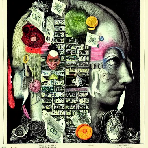 Image similar to post - punk new age album cover, asymmetrical design, dollar bank notes, capitalism, magic, apocalypse, psychedelic, black white pink, magic, giger h. r., giuseppe arcimboldo