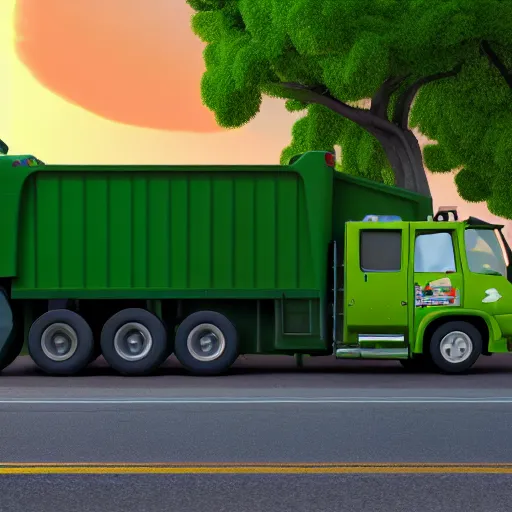 Prompt: garbage man mixed breed dog, green hat, green garbage truck, 3 d model, cartoony, pixar style, artstation, unreal engine, on the side of the road, sunrise, 4 k, ultra quality