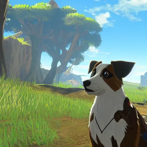 Prompt: australian shepherd with link in breath of the wild