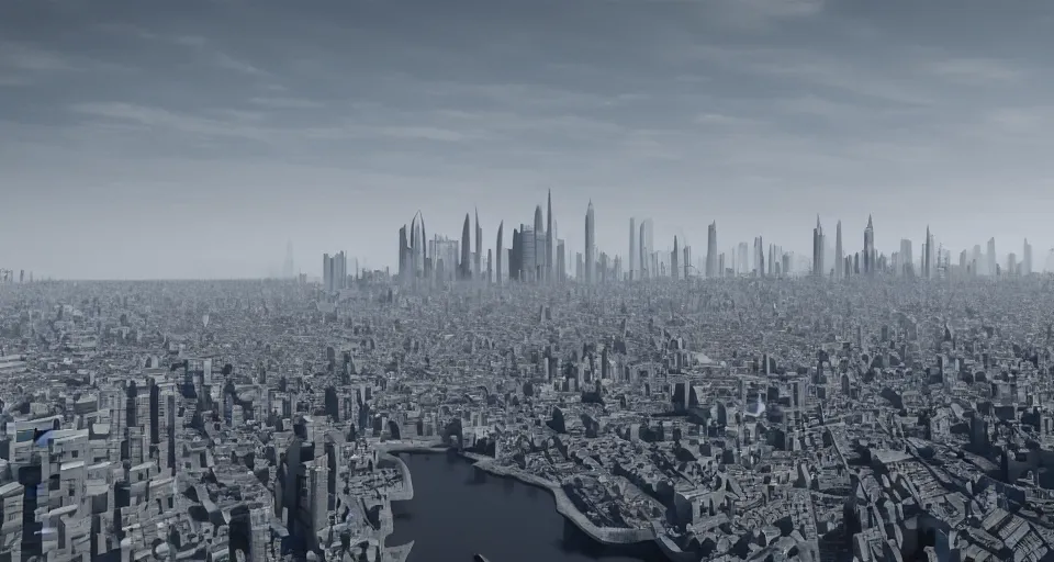 Image similar to view on future brutalistic megapolis in the horizon, in style of brutalism, detailed, sharp, 8 k