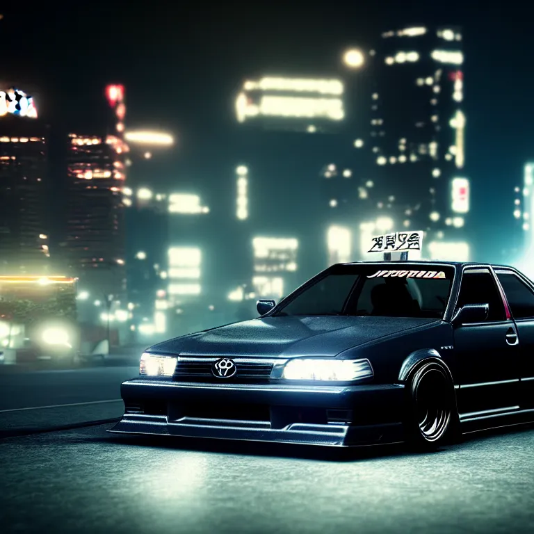 Prompt: Toyota JZX100 Drift, detailed-wheels, Shibuya prefecture, cinematic lighting, photorealistic, night photography, octane render