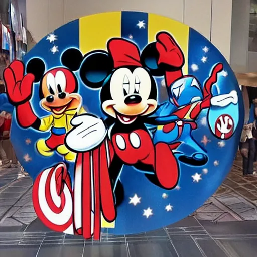 Image similar to a starry eyed mickey mouse sticking his hand through a portal into the marvel universe. on the other side other disney friends await, each dressed in their new superhero costume