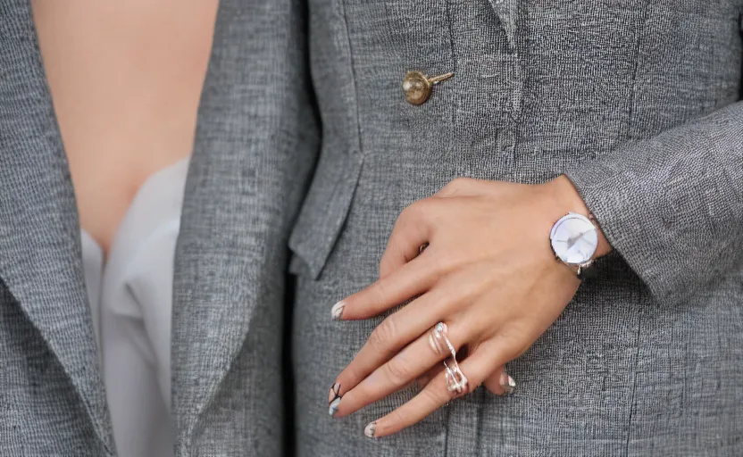 Image similar to a wide shot of a lady with a wool suit, wearing an omega speedmaster on her wrist