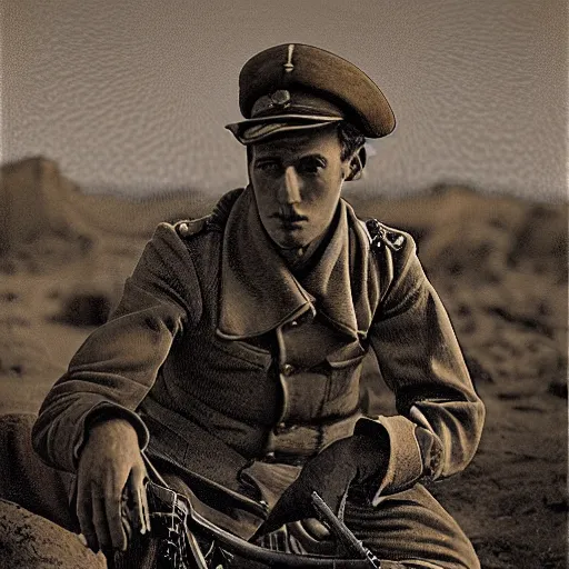 Image similar to a detailed photorealistic sepia - toned color portrait photo of a 1 9 1 7 worried clean - shaven british lieutenant in detailed field gear not wearing a hat in wadi rum, ultra realistic, painted, intricate details, lovecraft, atmospheric, dark, horror, brooding, highly detailed, by clyde caldwell