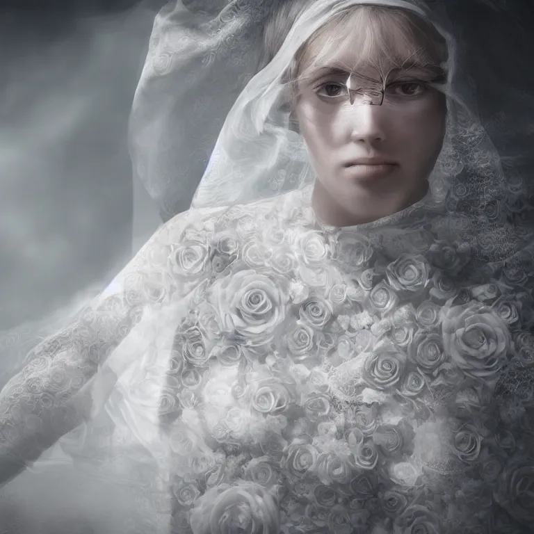 Image similar to hight focus of a wonderful realistic focused sweet wonderful symmetrical centered mid portrait of a lonely woman with a detailed wonderful, majestic, large semi transparent white cotton dress ornate with semi transparent black cotton roses and semi transparent white veils, dramatic light, octane render, - 8 k