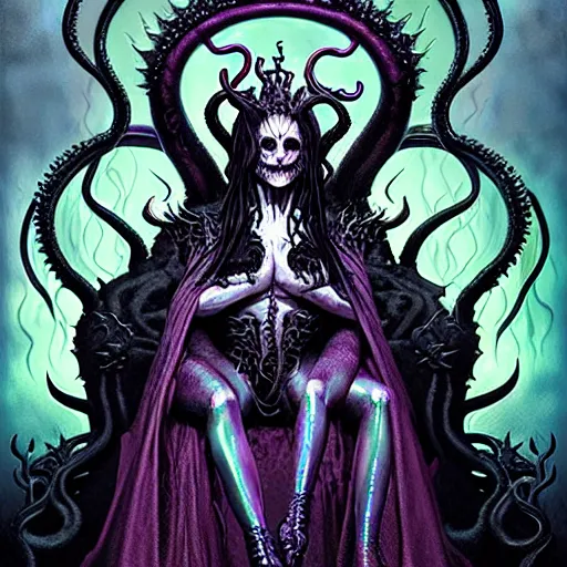 Prompt: witch queen on her throne, glowing iridescent flames and tentacles, black metal aesthetics, award winning digital art by brom and santiago caruso
