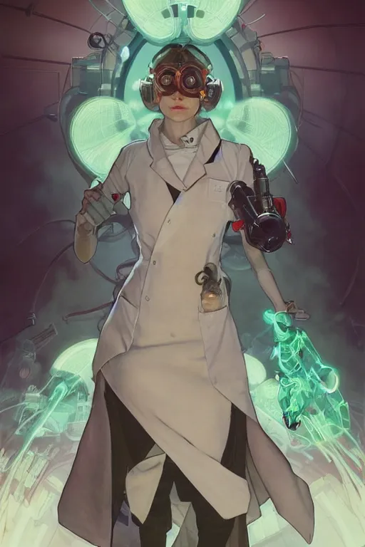 Image similar to a full body character design by artgerm, cushart krenz, greg rutkowski and alphonse mucha. cute mad scientist woman lab coat!! green plasma laser gun!! goggles visor!! bold outline sharp edges. ultra clear detailed. 8 k. ultra detailed, elegant, intricate, octane render.