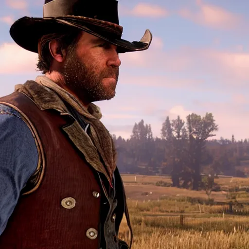 Prompt: ryan reynolds in red dead redemption 2 as a belt buckle salesman near the saloon, highly detailed